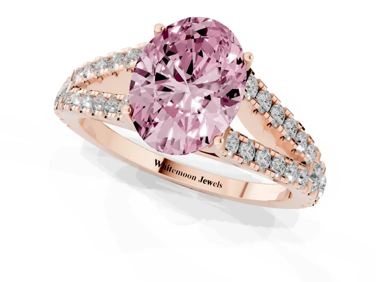 Fancy Pink Oval Cut Diamond Split Shank Engagement Ring with Round Pavé and Prong Setting Rose gold