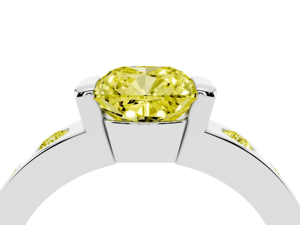 Fancy Yellow Cushion Cut Brilliant Channel-Set Diamond Ring with Bezel Prong Setting Silver