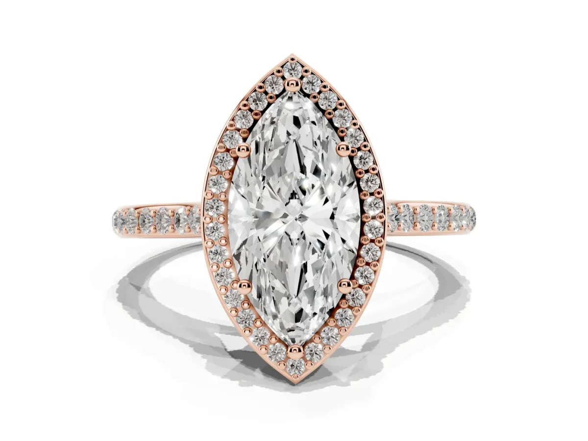 Marquise Cut Diamond Halo Engagement Ring with Round Pavé Shoulders and Prong Setting Rose gold