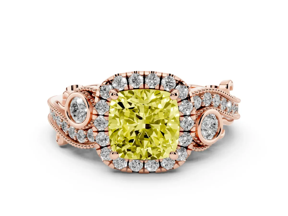 Fancy Yellow Cushion Cut Diamond Halo Ring with Milgrain Pavé Band and Four-Prong Setting Rose gold