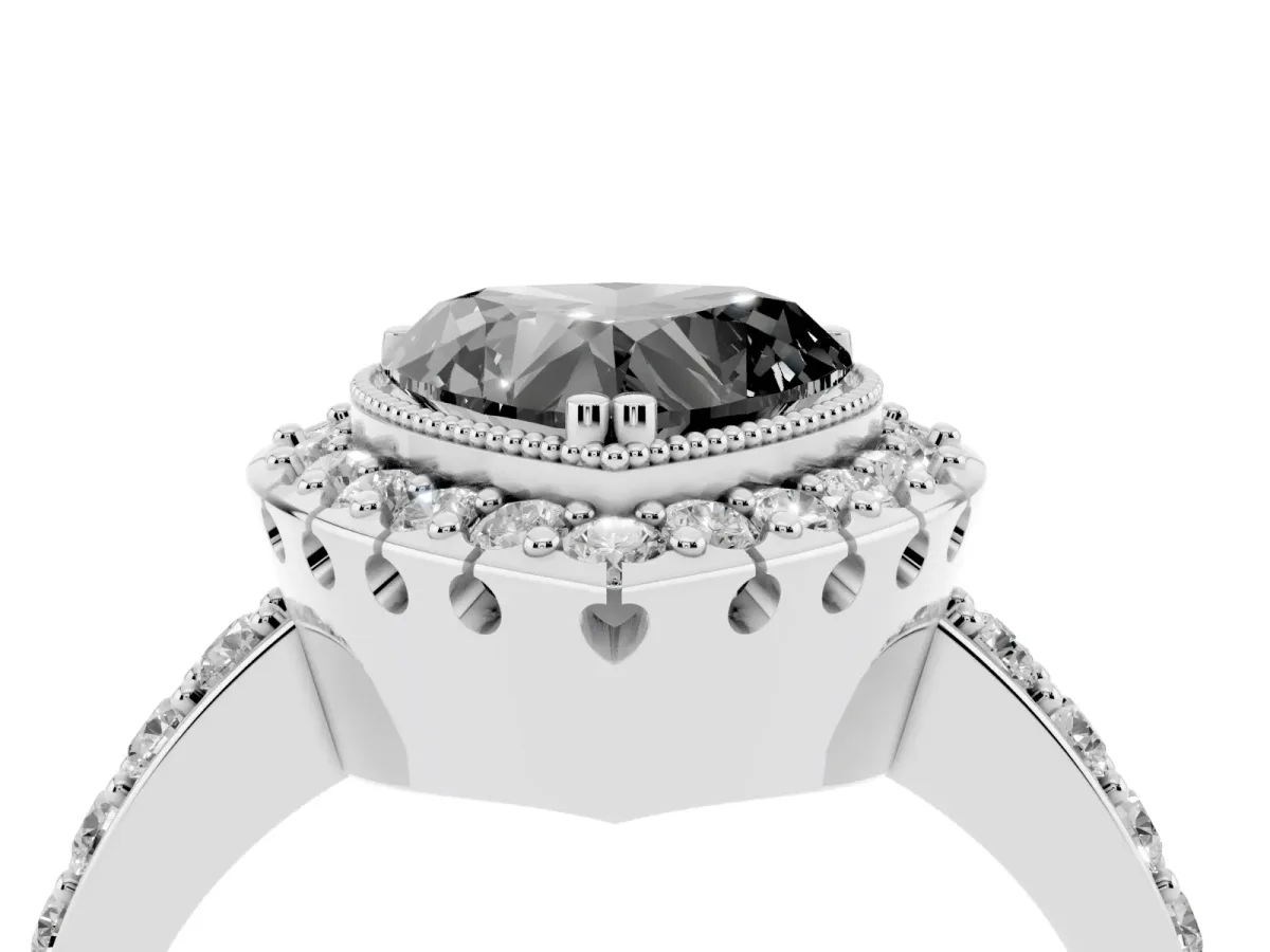 Fancy Black Heart Cut Diamond Halo Ring with Pavé Band and Prong Setting Silver