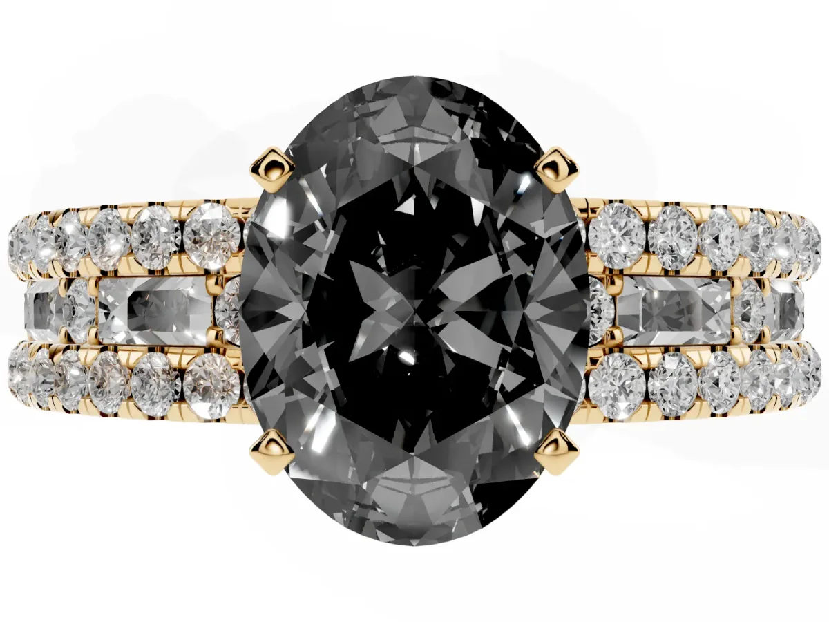Fancy Black Oval Cut Diamond Solitaire Ring with Pavé and Channel Set Band Yellow gold
