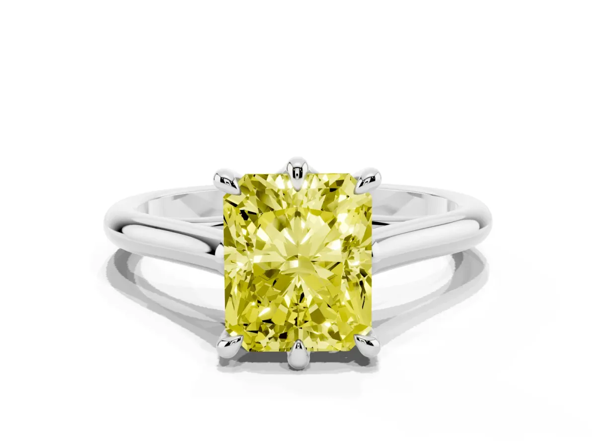 Fancy Yellow Radiant Cut Solitaire Engagement Ring with Six-Prong Setting and Classic Band Platinum