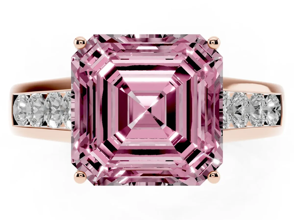 Fancy Pink Asscher Cut Solitaire Channel-Set Diamond Engagement Ring with Four-Prong Setting Rose gold