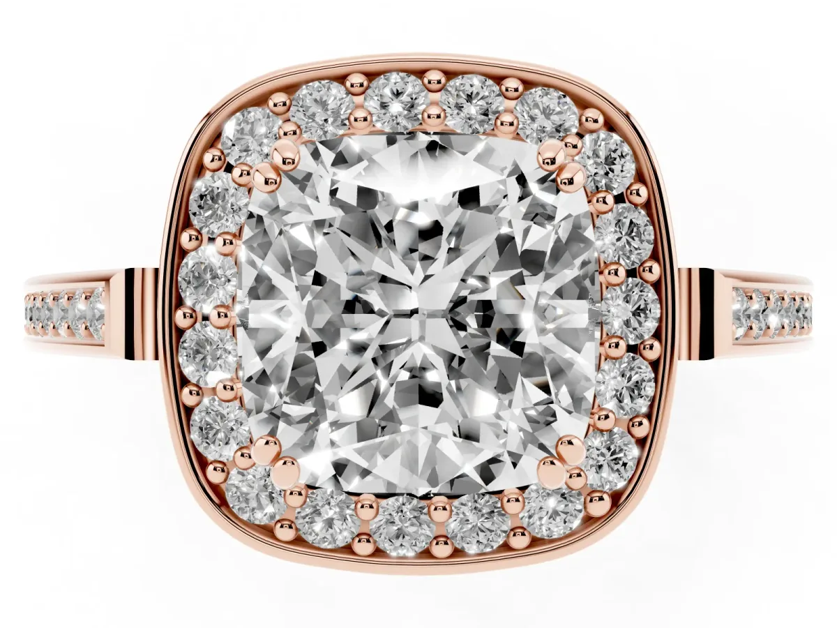 Cushion Cut Diamond Halo Ring with Split Shank and Four-Prong Setting Rose gold