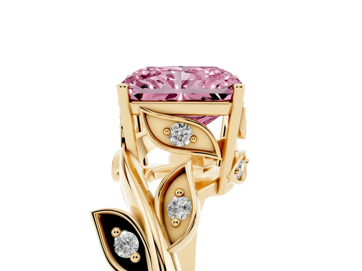 Fancy Pink Radiant Cut Solitaire Twist Engagement Ring with Leaf Accents and Prong Setting Yellow gold