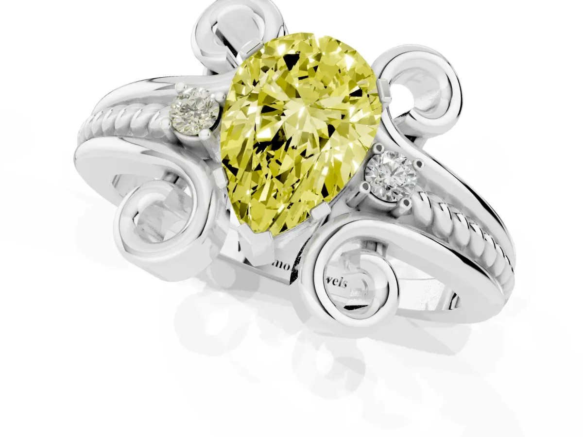 Fancy Yellow Pear Cut Solitaire Twisted Band Scroll Prong Ring Silver
