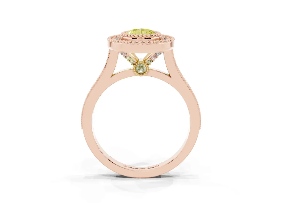 Fancy Yellow Pear Cut Diamond Halo Ring with Milgrain Frame and Pavé Band Rose gold