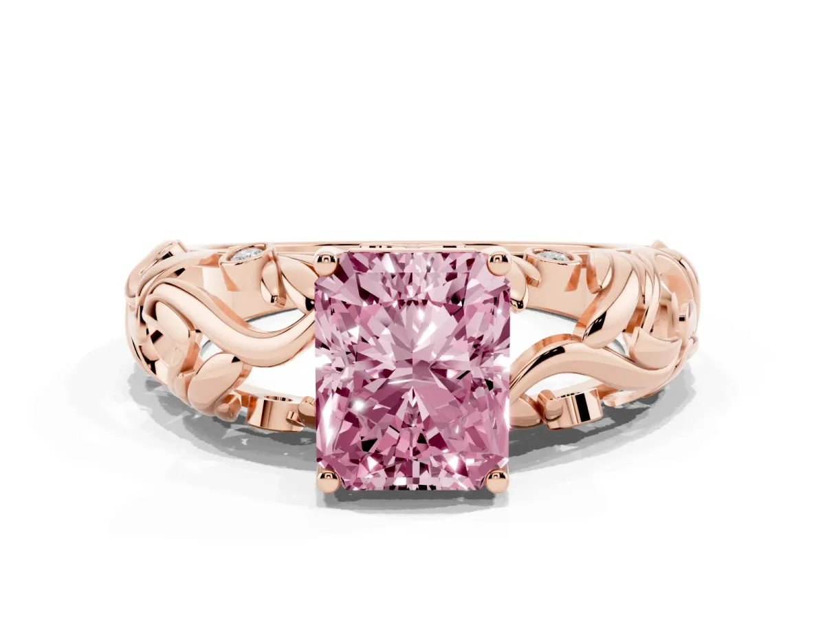 Fancy Pink Radiant Cut Solitaire Diamond Leaf-Inspired Vine Band Ring with Prong Setting Rose gold