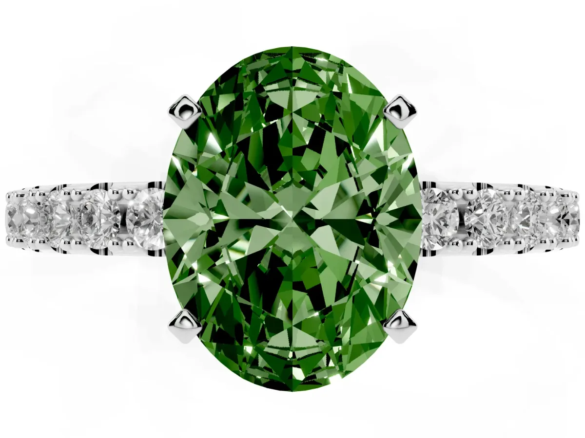 Fancy Green Oval Cut Diamond Solitaire Pavé Band with Four-Prong Setting Silver