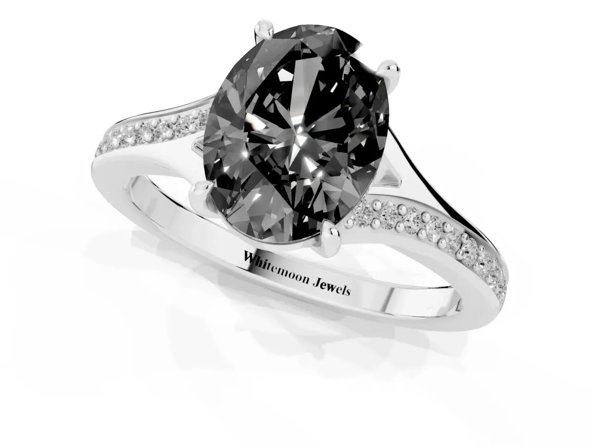 Fancy Black Oval Cut Diamond Solitaire Ring with Pavé Band and Prong Setting Silver