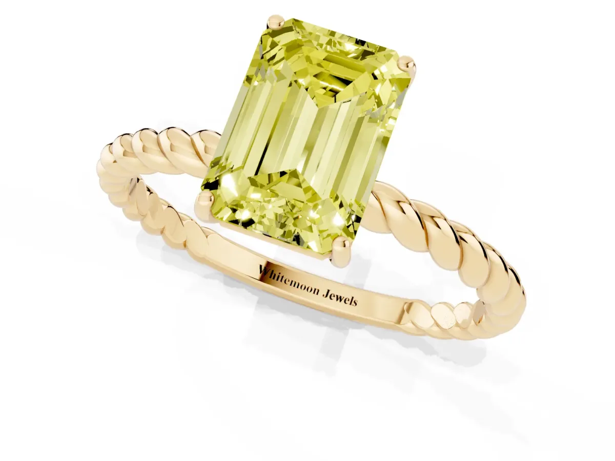 Fancy Yellow Emerald Cut Solitaire Twist Band Ring with Four-Prong Setting Yellow gold