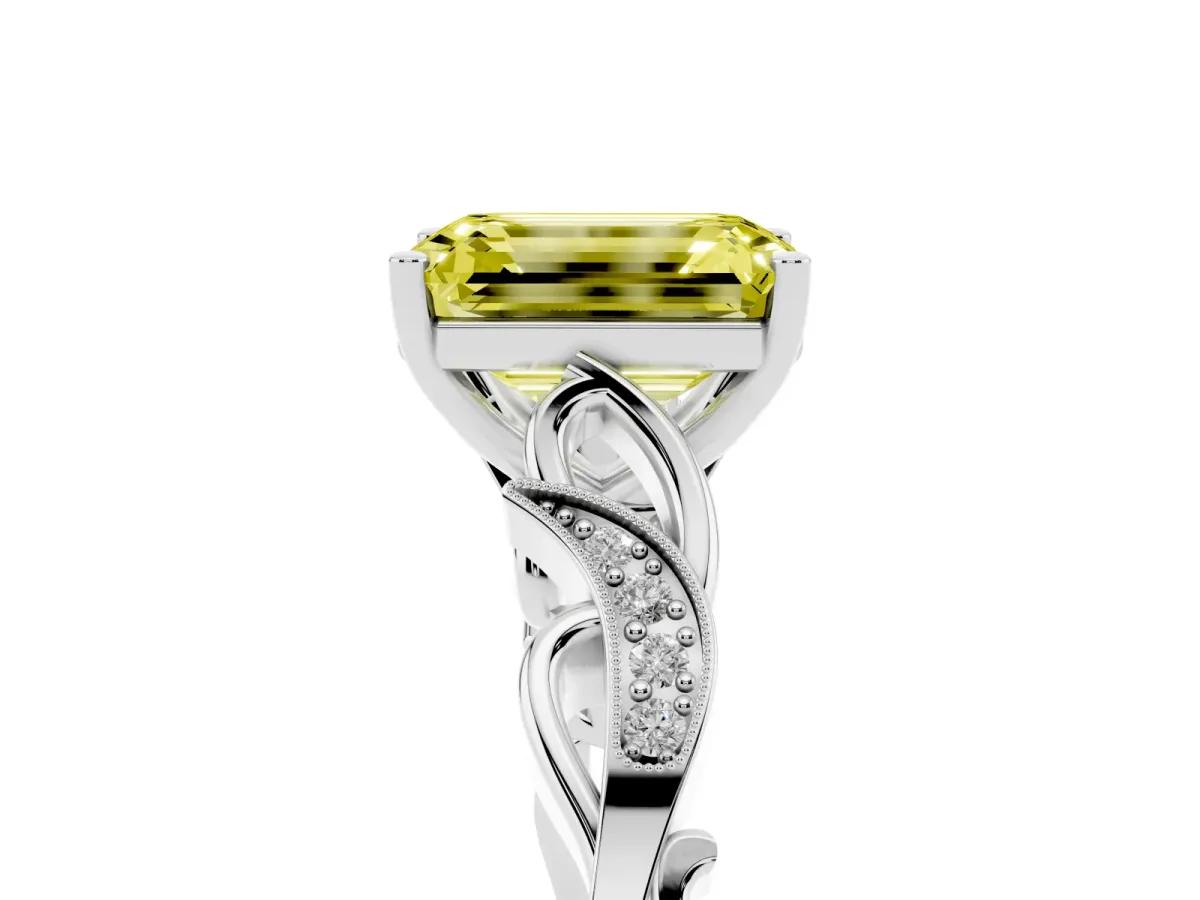 Fancy Yellow Emerald Cut Solitaire Vine Band with Milgrain Prong Setting White gold