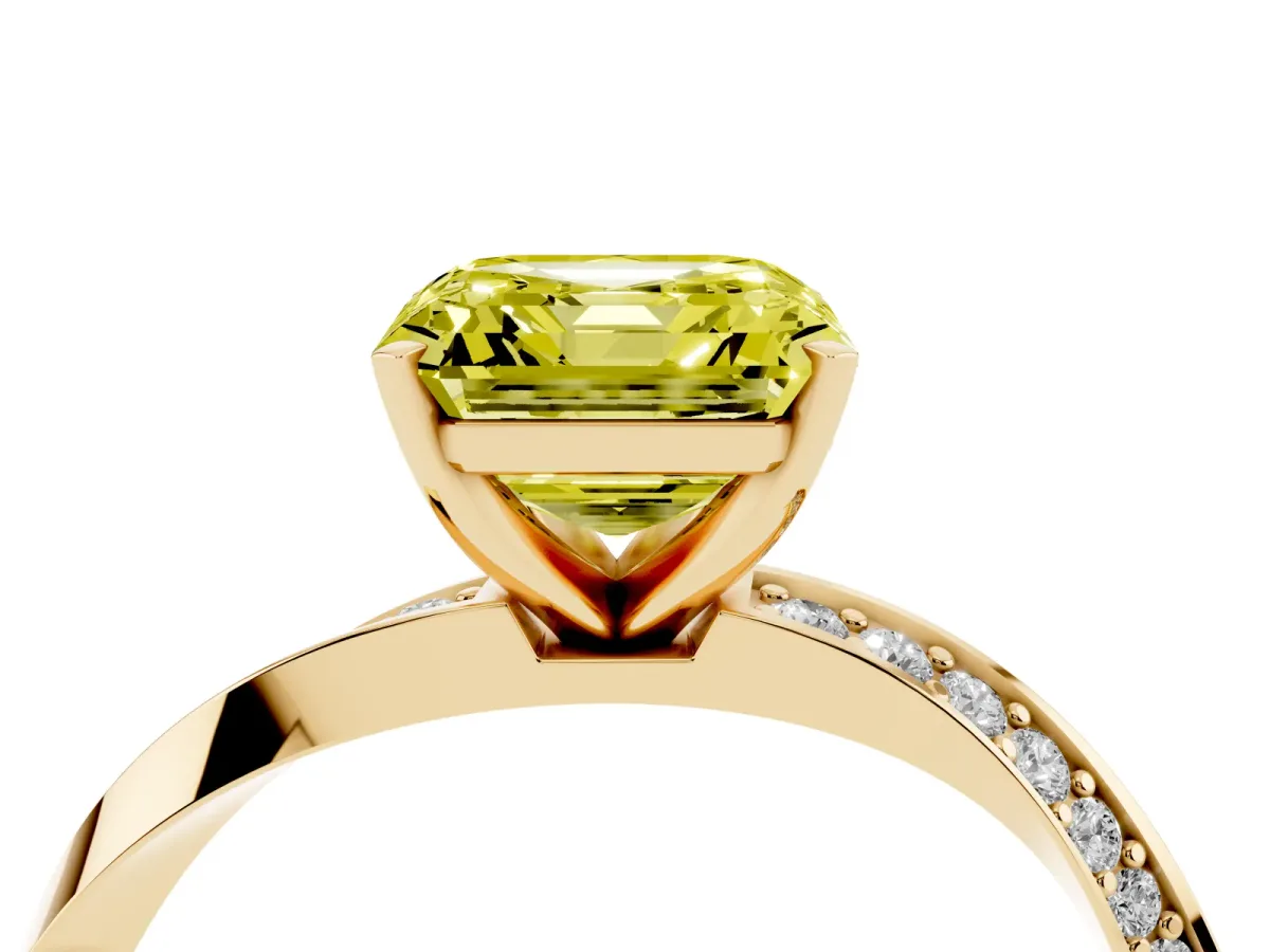 Fancy Yellow Asscher Cut Diamond Engagement Ring with Side Stone Accents and Four-Prong Setting Yellow gold