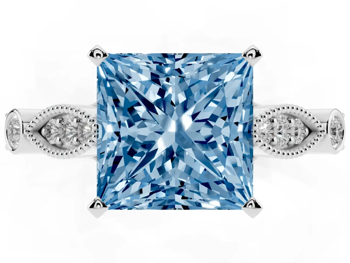 Fancy Blue Princess Cut Cut Diamond with Milgrain Marquise and Bezel Accents on a Solitaire Band with Prong Setting Silver