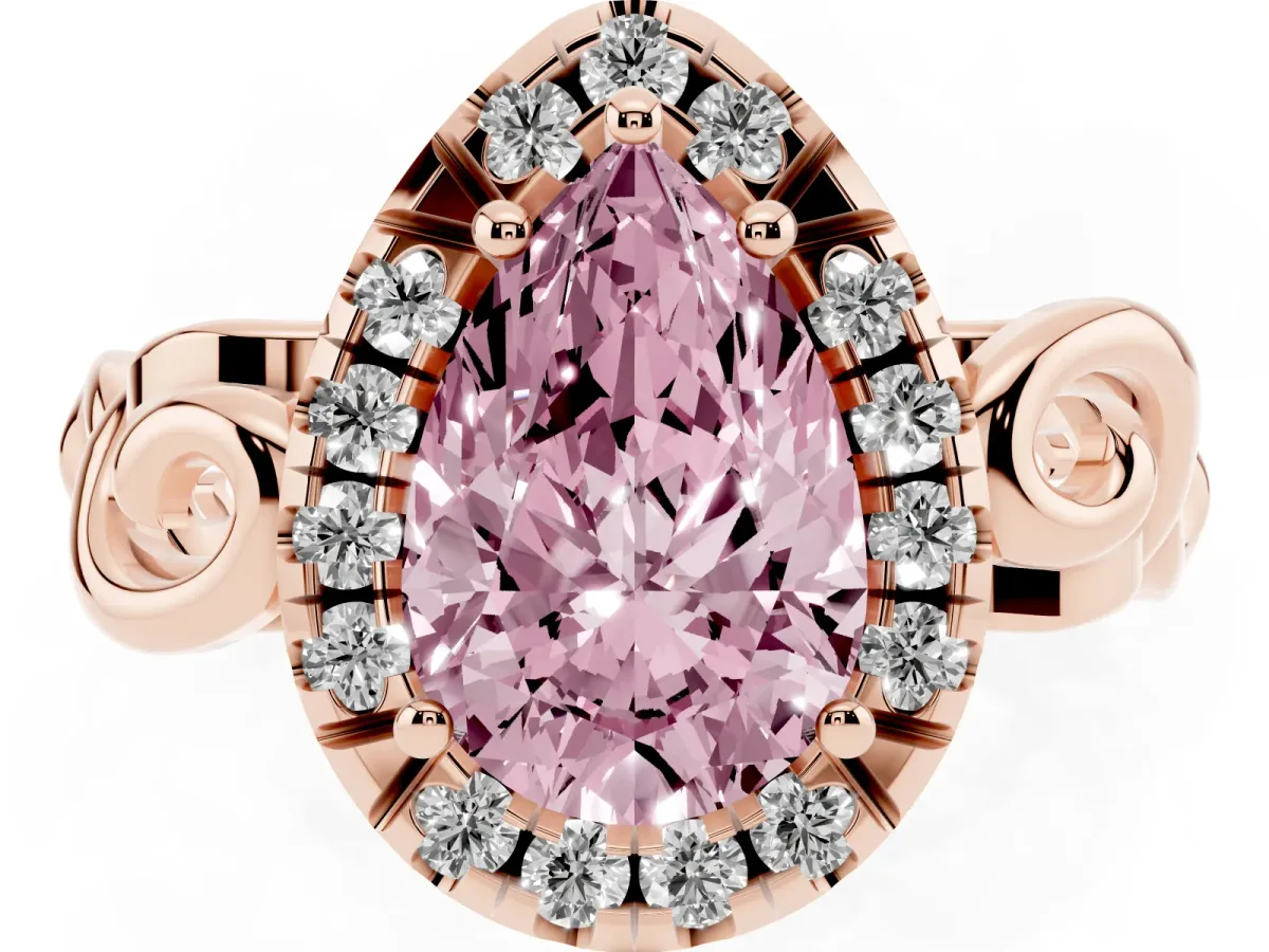 Fancy Pink Pear Cut Cut Halo Diamond Ring with Scrollwork Band and Four-Prong Setting Rose gold