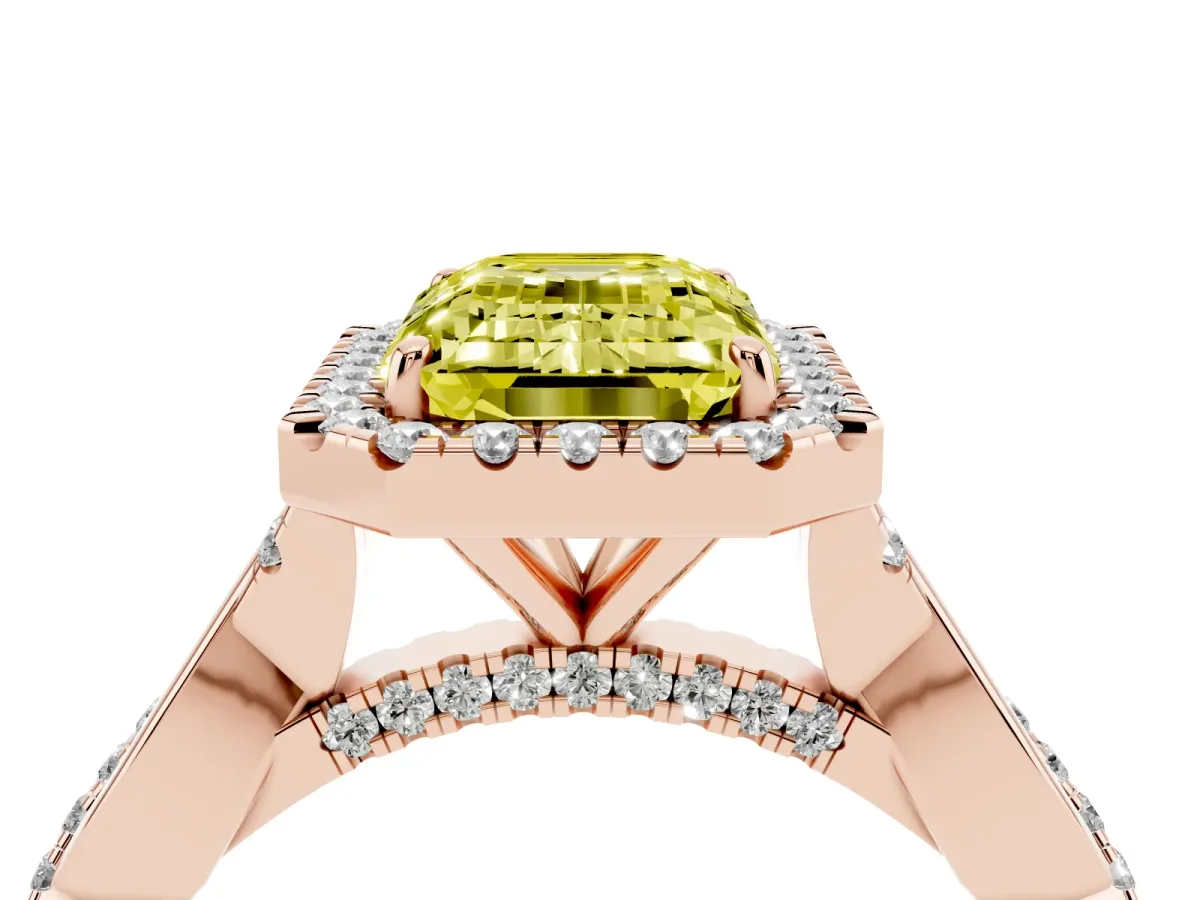 Fancy Yellow Emerald Cut Halo Twist Band Solitaire Ring Rose gold