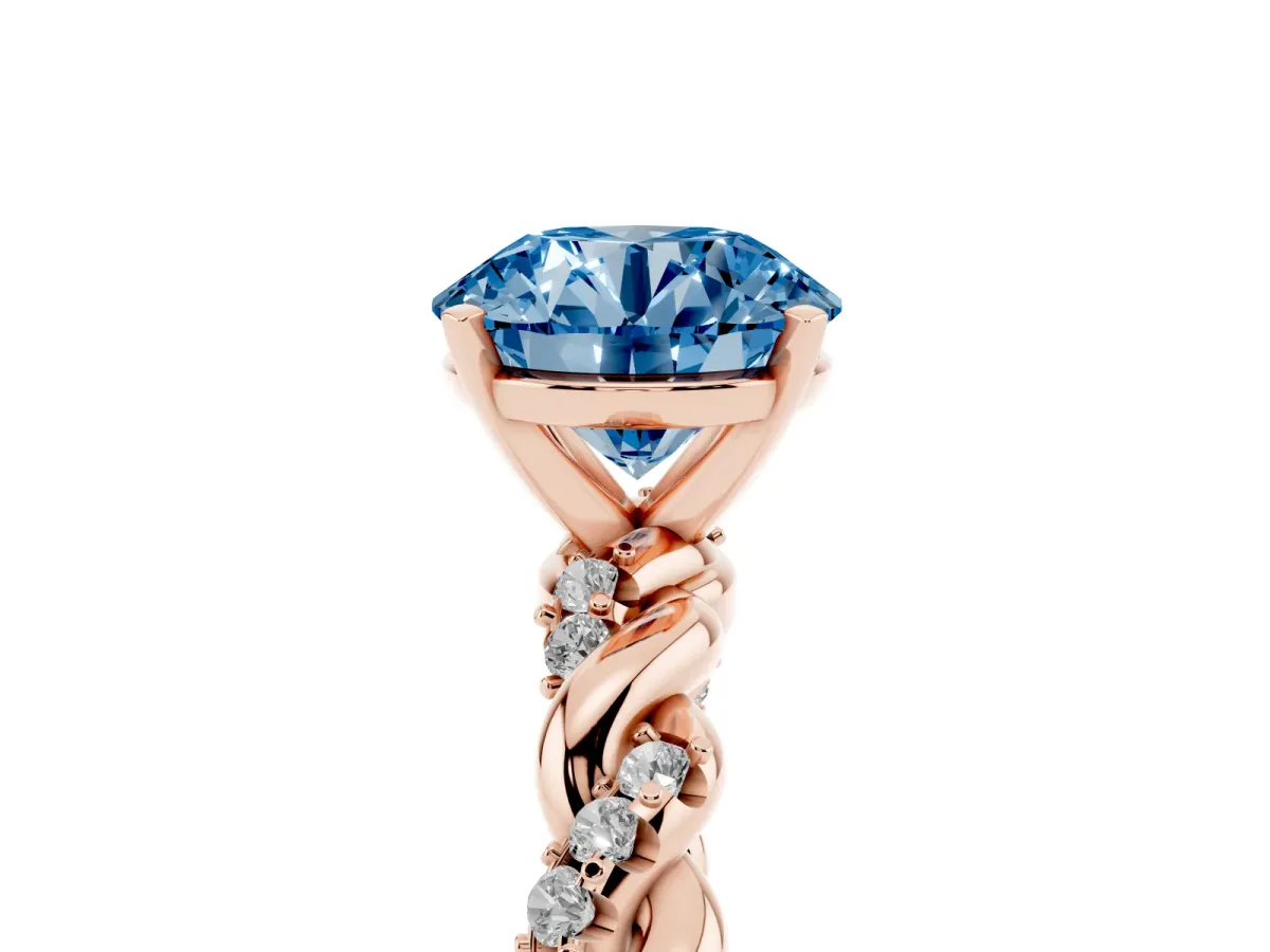Fancy Blue Round Cut Diamond Solitaire Ring with Twisted Band and Pavé Accents Rose gold