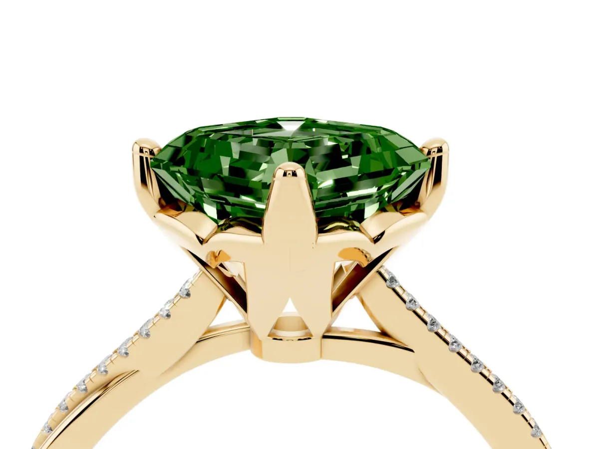 Fancy Green Asscher Cut Solitaire Twist Band with Pavé Diamonds and Four-Prong Setting Yellow gold