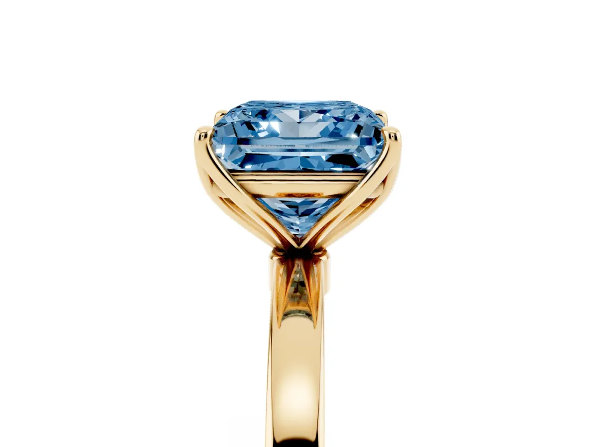 Fancy Blue Princess Cut Diamond Solitaire Ring with Thin Band and Prong Setting Yellow gold