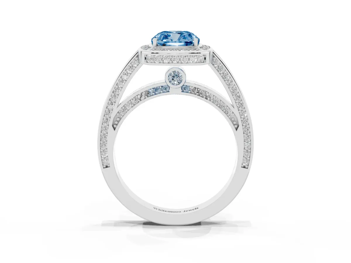 Fancy Blue Cushion Cut Cut Halo Pave Split Shank Prong Setting Ring Platinum