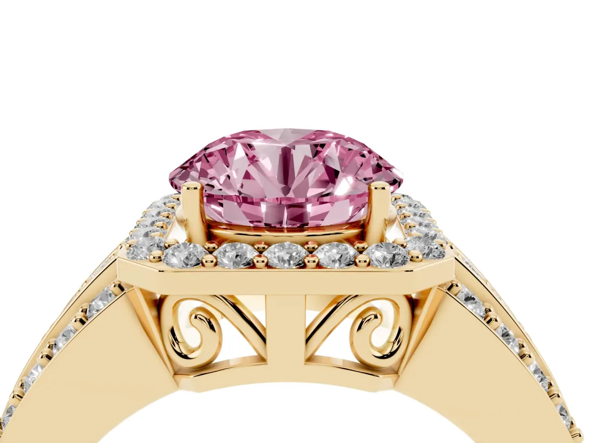 Fancy Pink Round Cut Halo Diamond Ring with Round Split Shank and Prong Setting Yellow gold