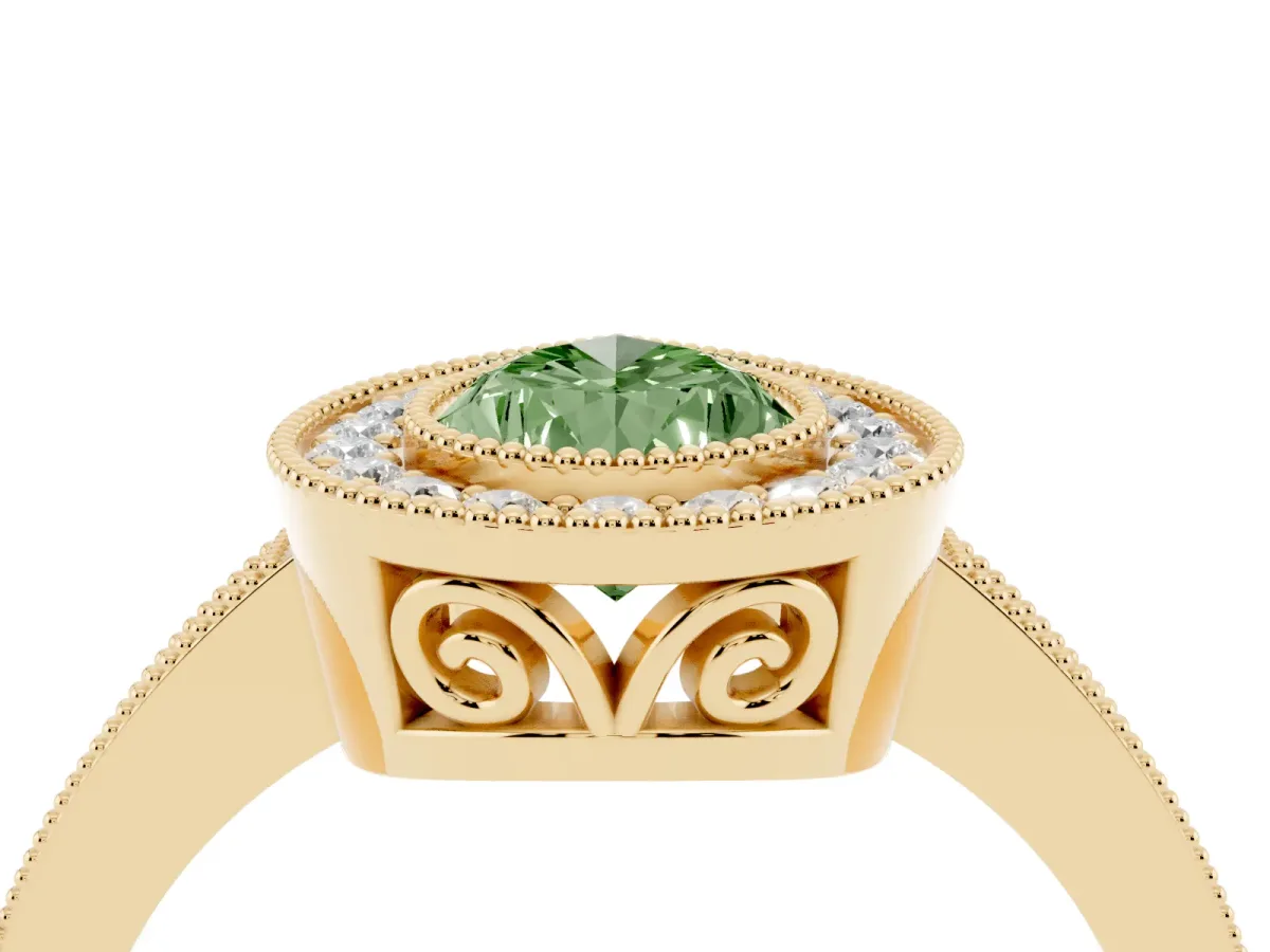 Fancy Green Pear Cut Cut Halo Diamond Ring with Pavé Band and Milgrain Prong Setting Yellow gold