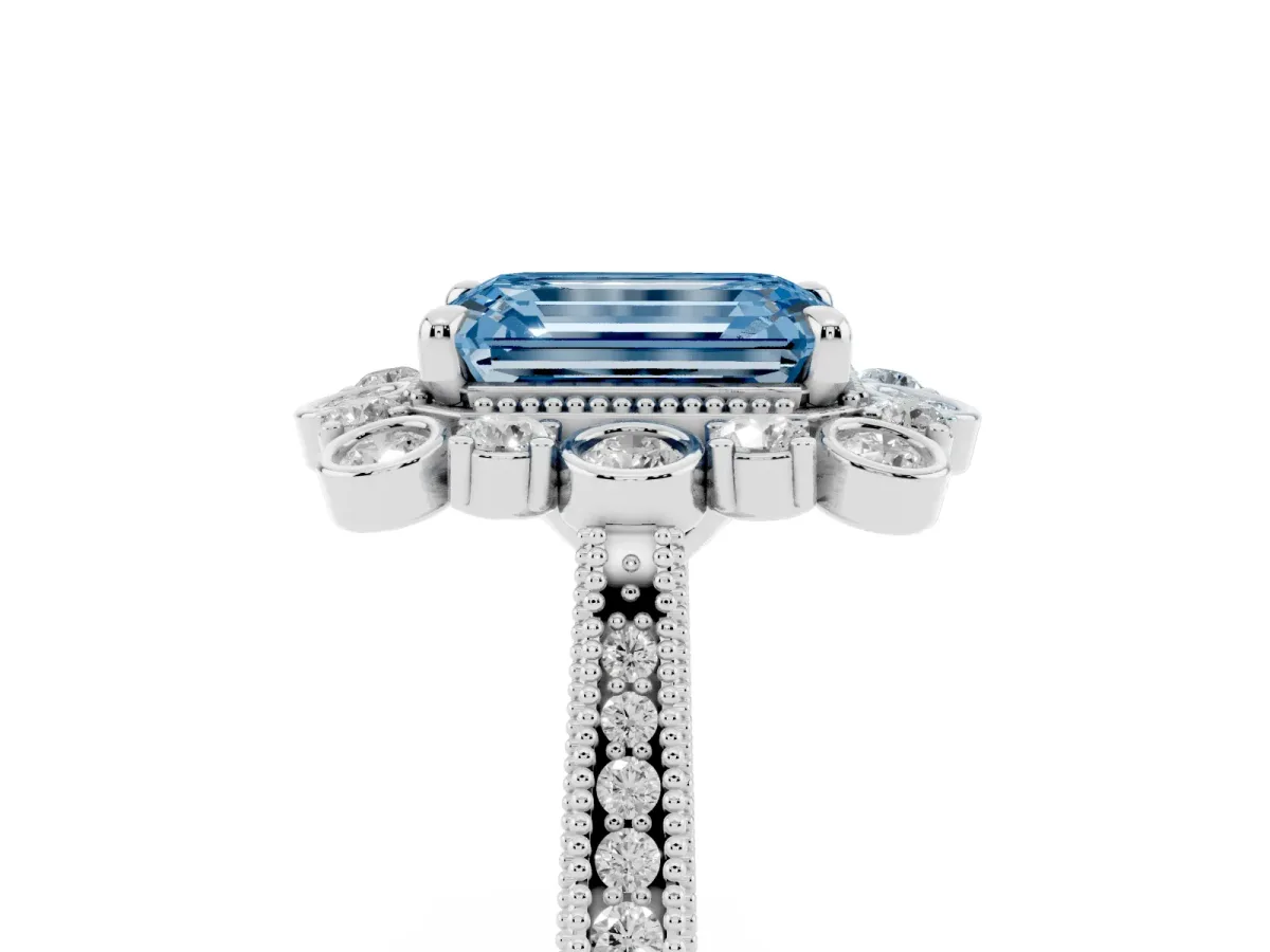 Fancy Blue Emerald Cut Halo Milgrain Pave Diamond Ring with Four-Prong Setting Silver
