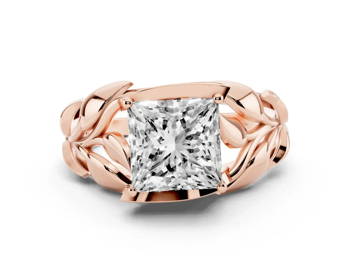 Princess Cut Diamond Leaf-Inspired Engagement Ring with Round Accents and Prong Setting Rose gold