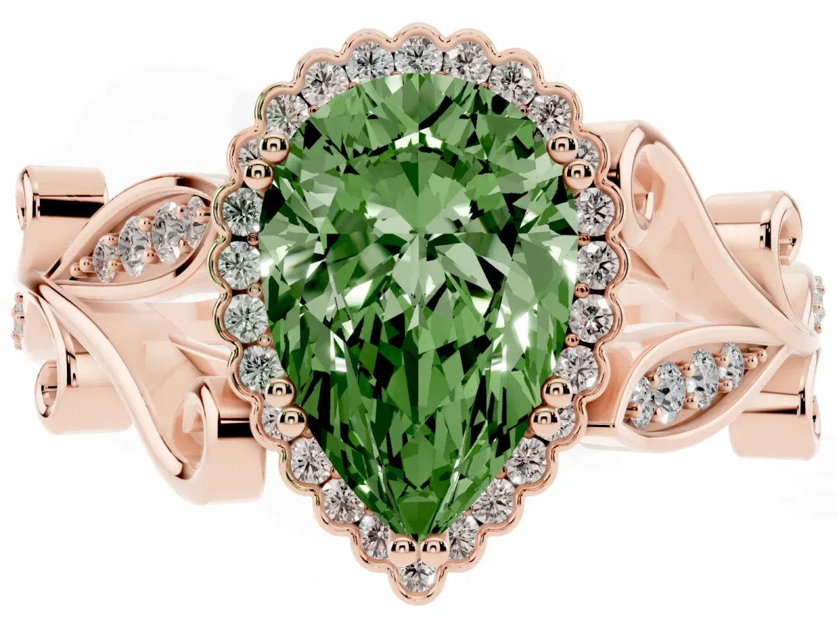 Fancy Green Pear Cut Diamond Halo Ring with Vintage Split Shank and Four-Prong Setting Rose gold