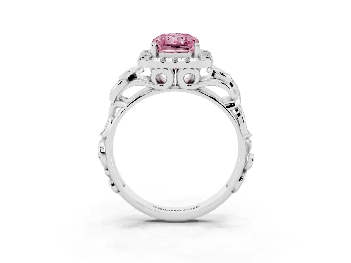Fancy Pink Radiant Cut Cut Halo Diamond Ring with Scrollwork Band and Four-Prong Setting Silver