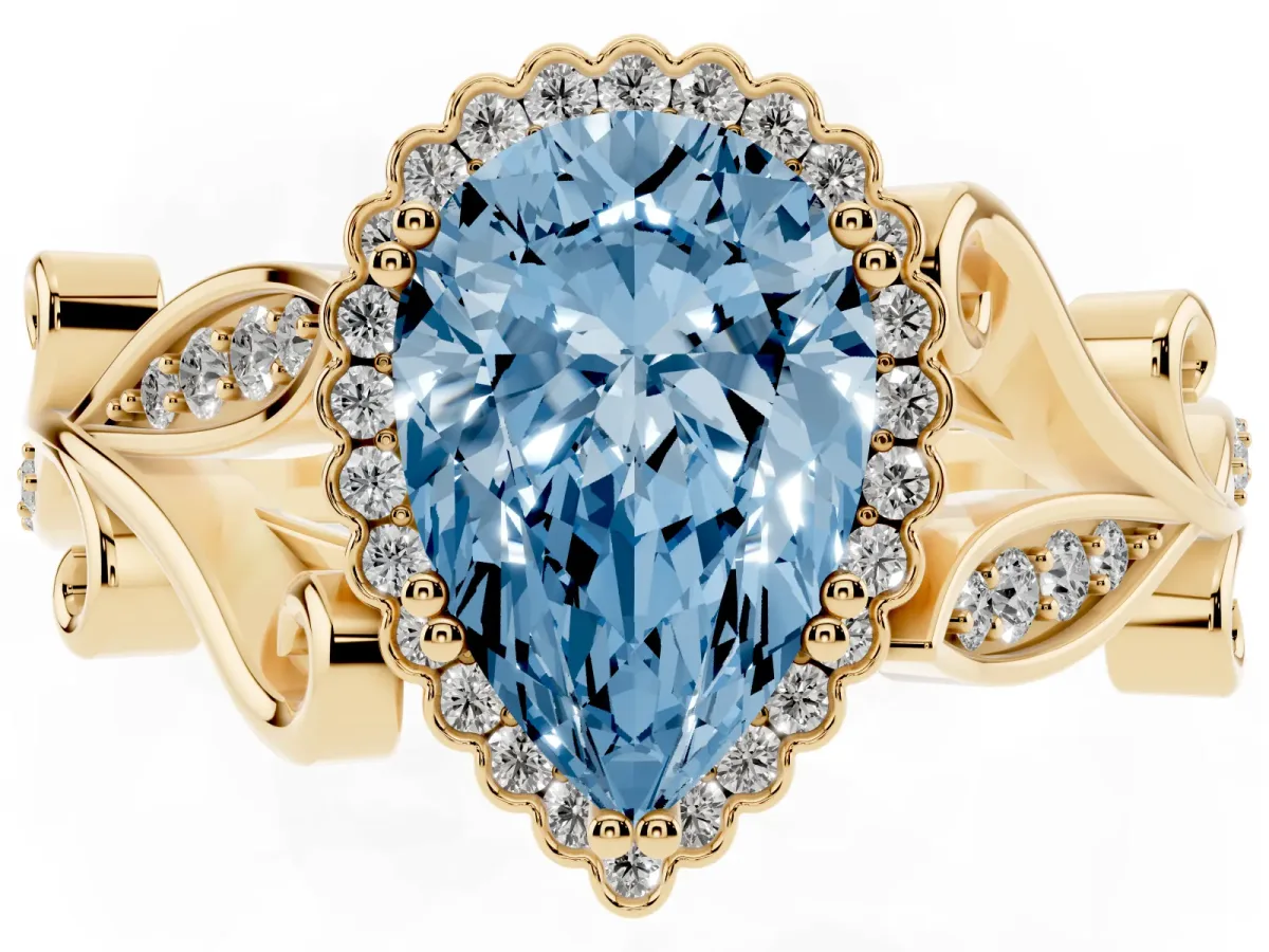 Fancy Blue Pear Cut Diamond Halo Ring with Vintage Split Shank and Four-Prong Setting Yellow gold