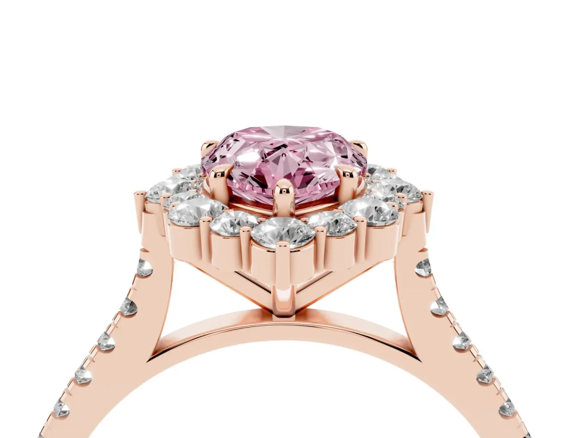 Fancy Pink Pear Cut Halo Diamond Ring with Pavé Band and Prong Setting Rose gold