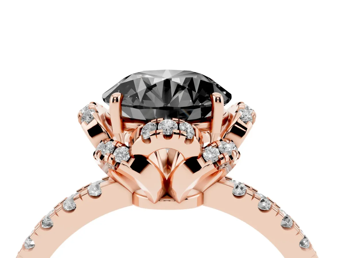 Fancy Black Round Cut Diamond Halo Pave Band with Four-Prong Setting Rose gold
