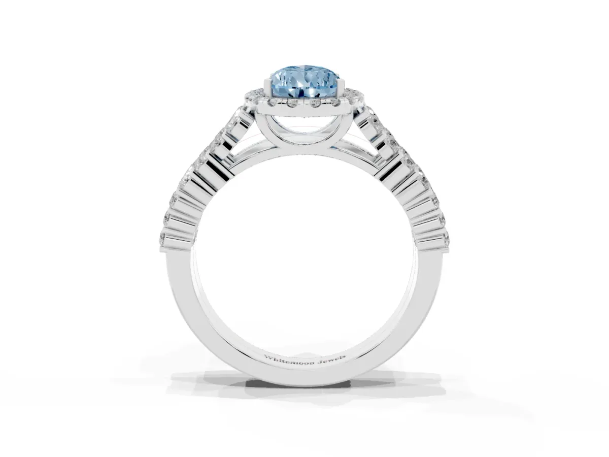 Fancy Blue Pear Cut Diamond Halo Engagement Ring with Triple Row Round Pavé Band and Prong Setting White gold
