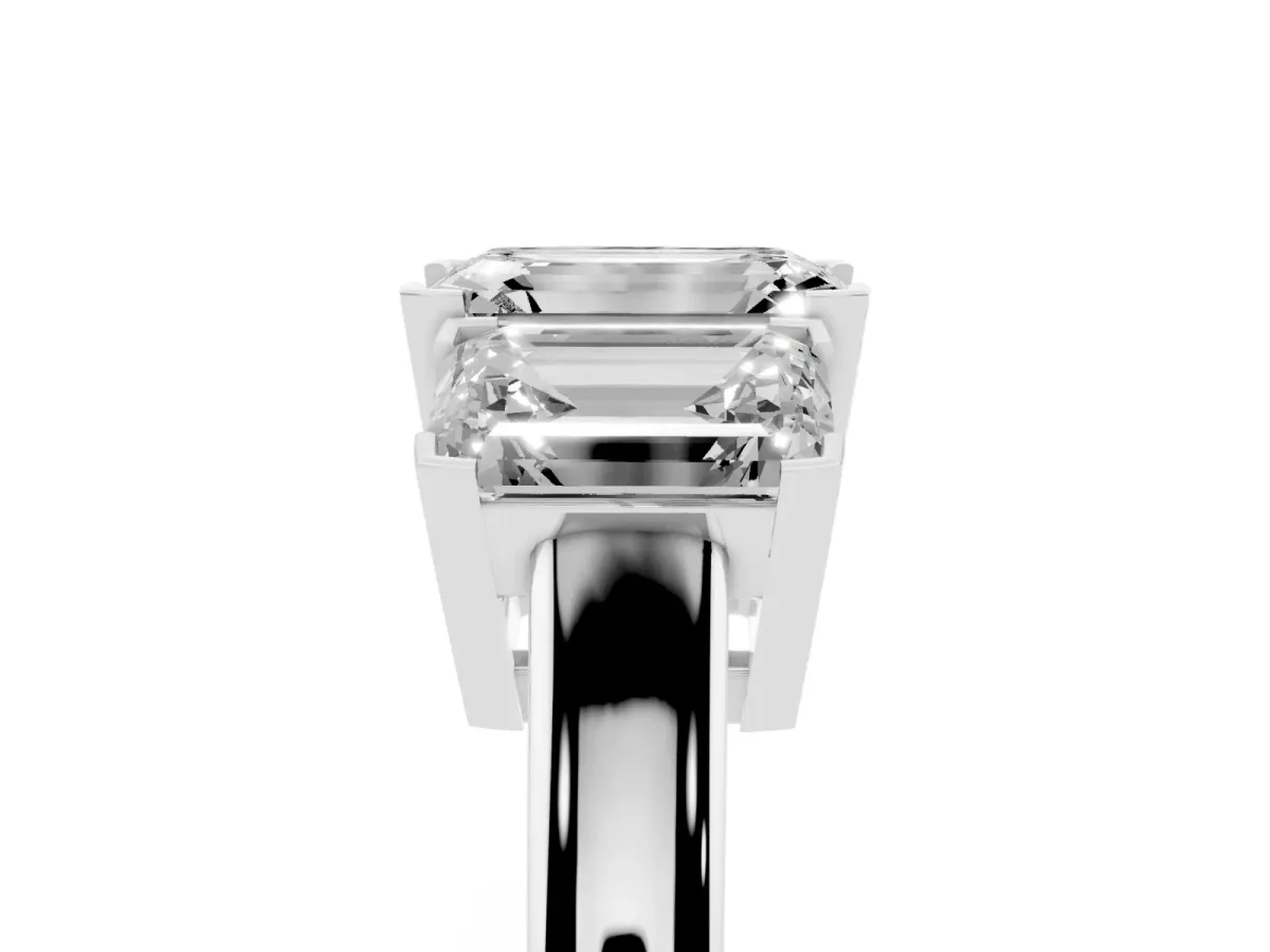 Three-Stone Emerald Cut Cut Diamond Ring with Channel Set Band and Four-Prong Setting Silver