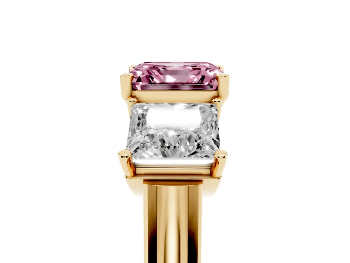 Fancy Pink Three-Stone Asscher Cut Brilliant Diamond Trellis Ring with Comfort Fit Band Yellow gold