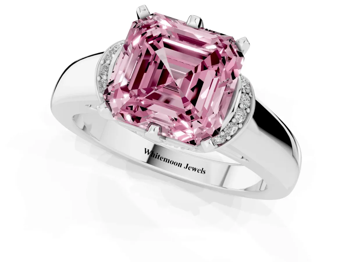 Fancy Pink Asscher Cut Solitaire Diamond Ring with Pave Band and Six-Prong Setting Silver