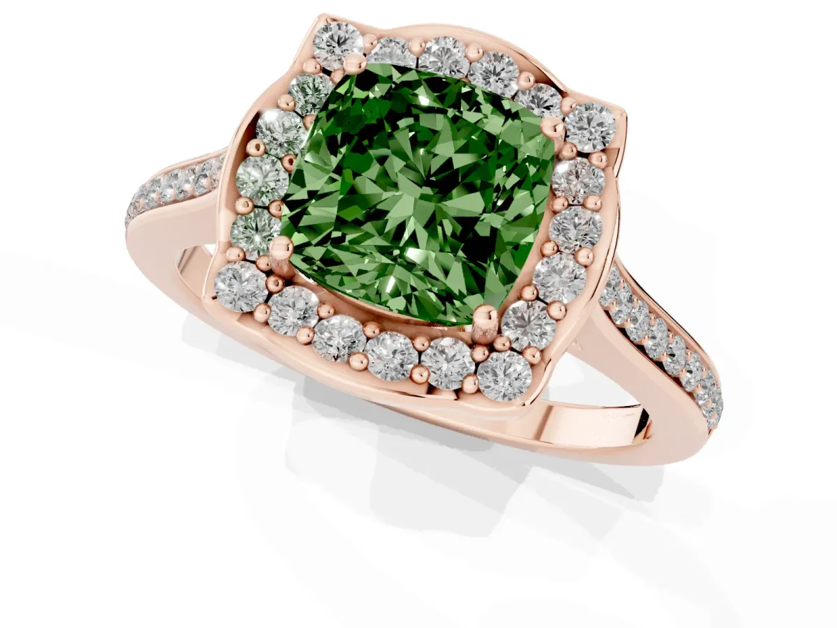 Fancy Green Cushion Cut Halo Round Diamond Pave Band with Four-Prong Setting Rose gold