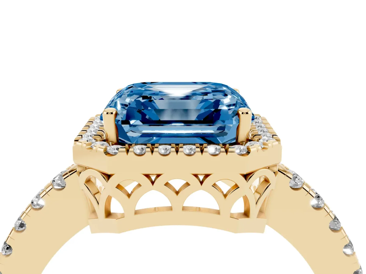 Fancy Blue Asscher Cut Halo Diamond Engagement Ring with Pavé Band and Four-Prong Setting Yellow gold