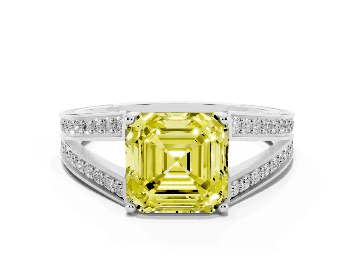Fancy Yellow Asscher Cut Diamond Split Shank Ring with Pavé Band and Four-Prong Setting White gold