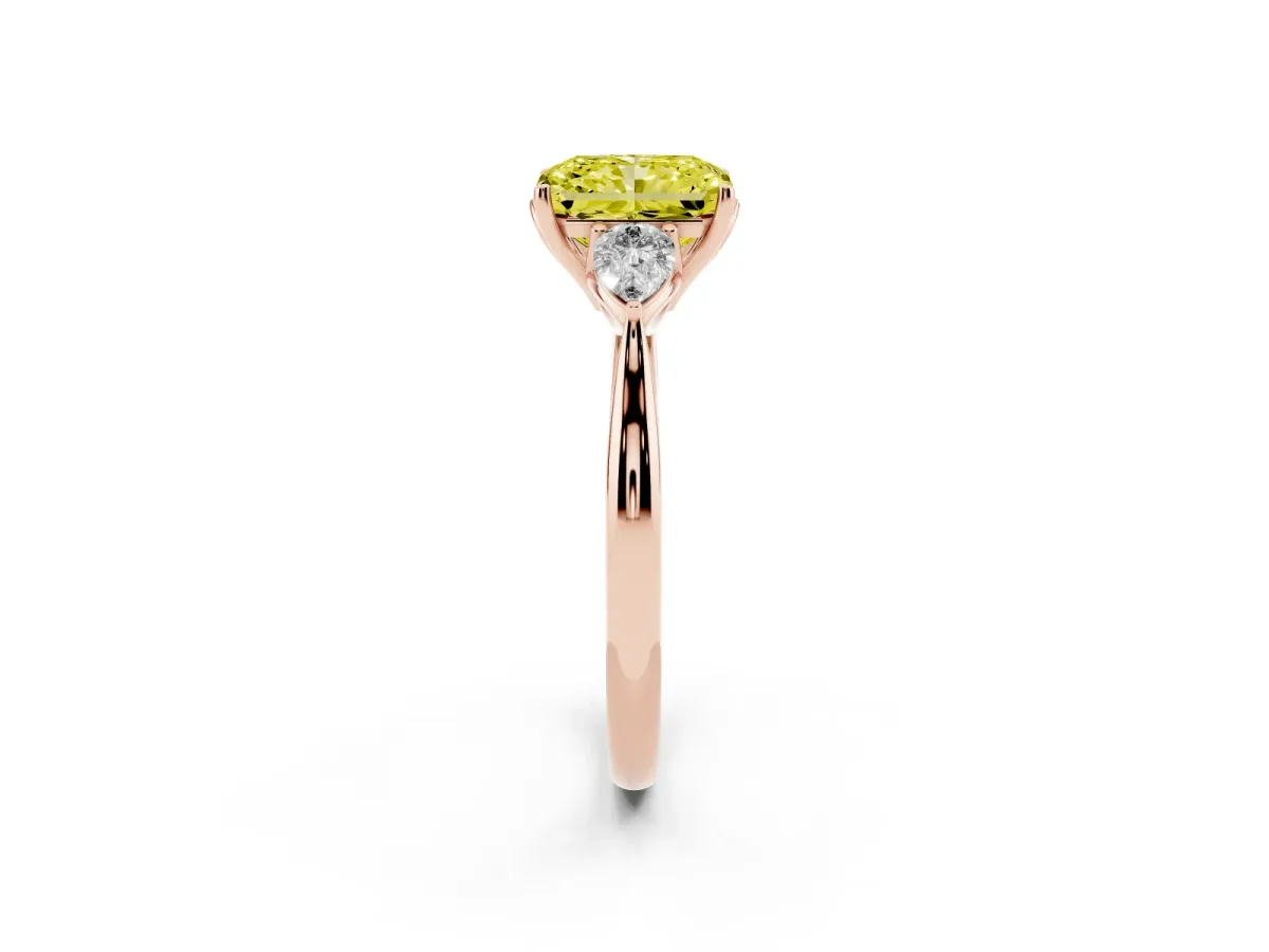 Fancy Yellow Three-Stone Radiant Cut Diamond Ring with Pear Side Stones in Four-Prong Setting Rose gold