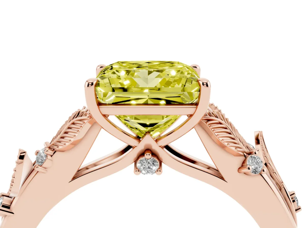 Fancy Yellow Princess Cut Diamond Solitaire Ring with Leaf Motif Band and Four-Prong Setting Rose gold