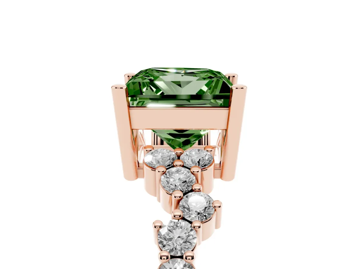 Fancy Green Princess Cut Diamond Scattered Round Accent Ring with Prong Setting Rose gold