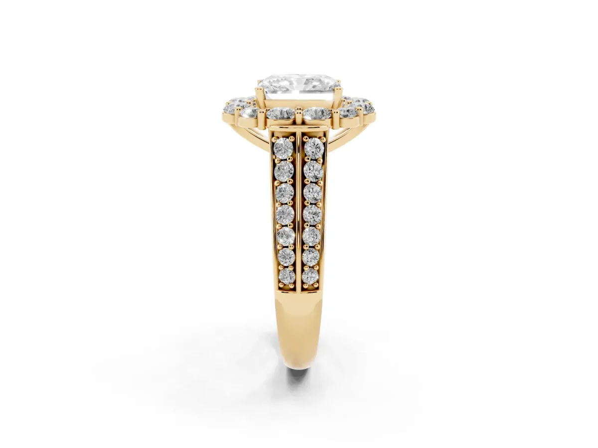 Radiant Cut Halo Diamond Engagement Ring with Split Shank and Prong Setting Yellow gold