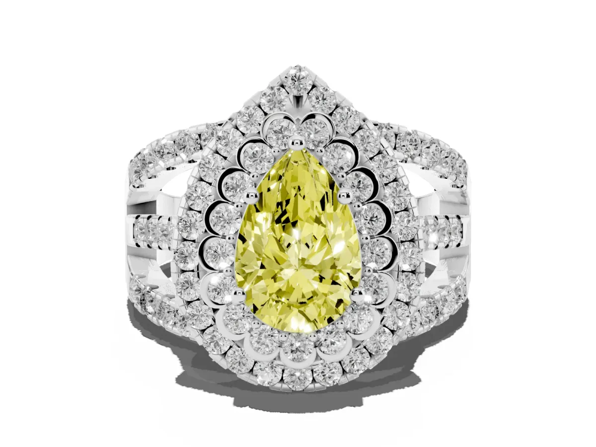 Fancy Yellow Pear Cut Diamond Double Halo Ring with Round Pavé Split Shank and Prong Setting Silver