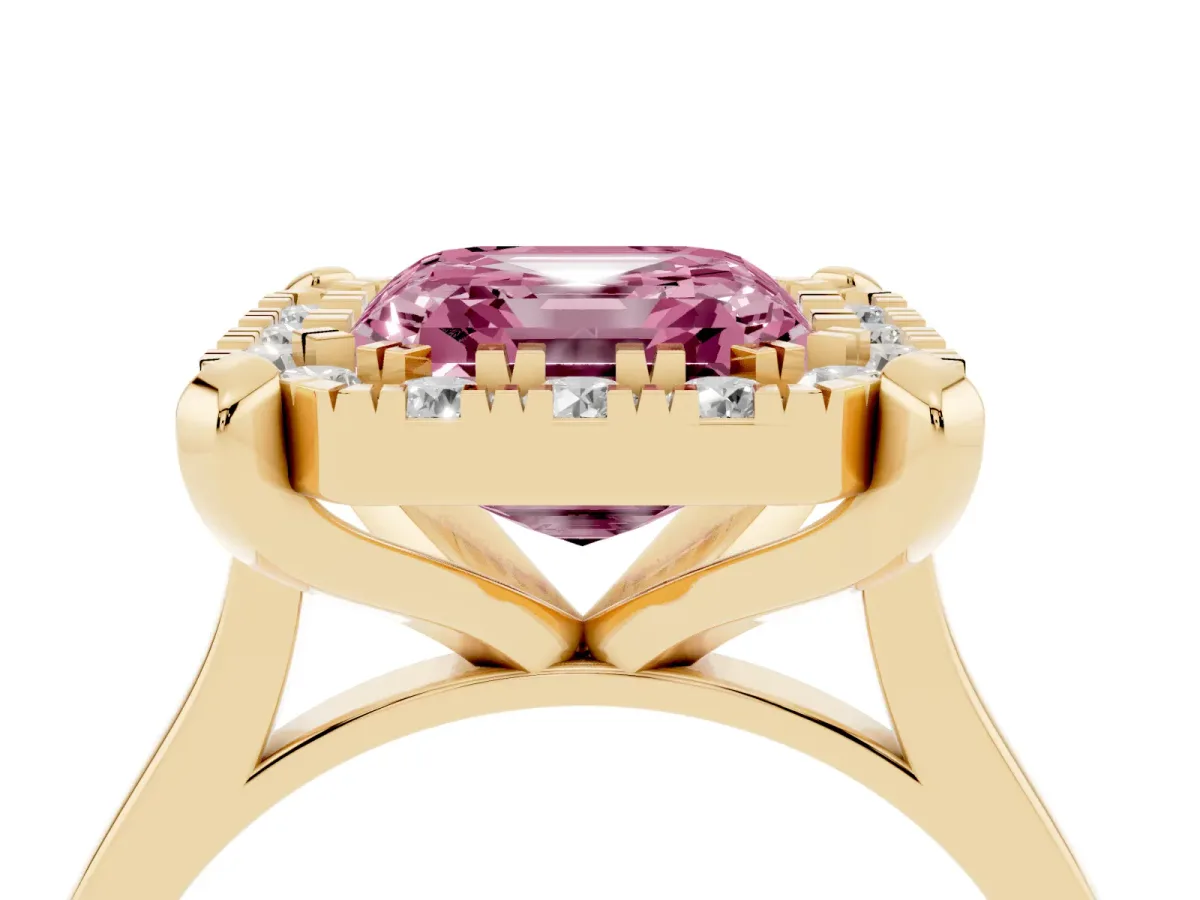 Fancy Pink Asscher Cut Diamond Cluster Halo Solitaire with Four-Prong Setting Yellow gold