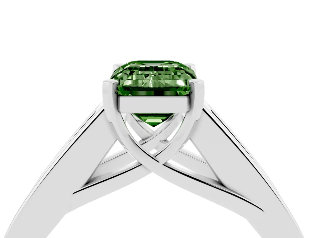 Fancy Green Emerald Cut Cut Channel Set Solitaire Ring with Four-Prong Setting Silver