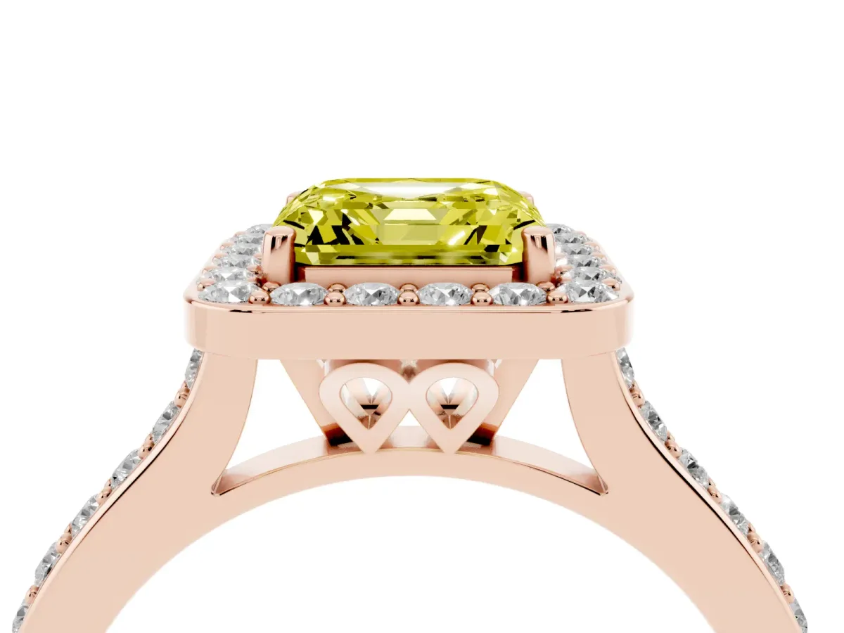 Fancy Yellow Asscher Cut Diamond Halo Engagement Ring with Round Pavé Shoulders and Prong Setting Rose gold