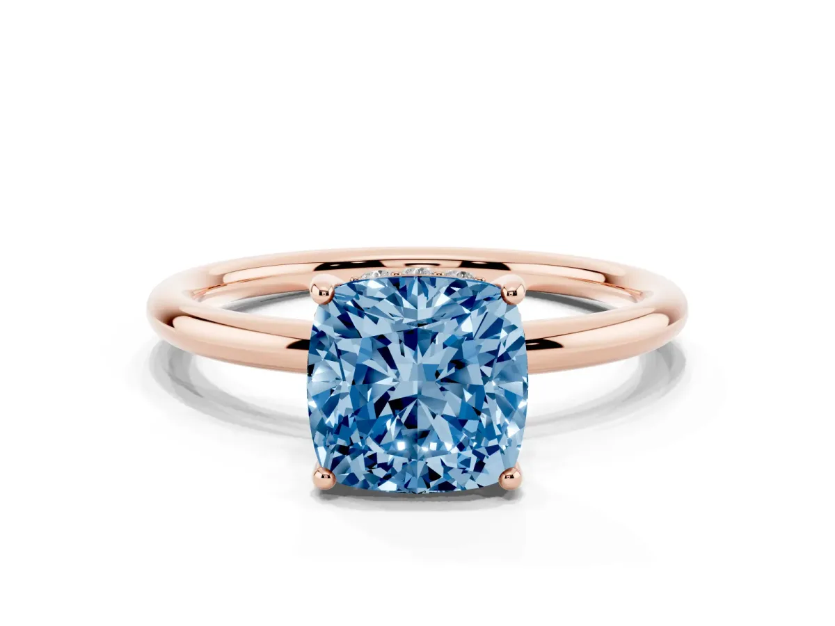 Fancy Blue Cushion Cut Solitaire Diamond Ring with a Classic Band and Four-Prong Setting Rose gold